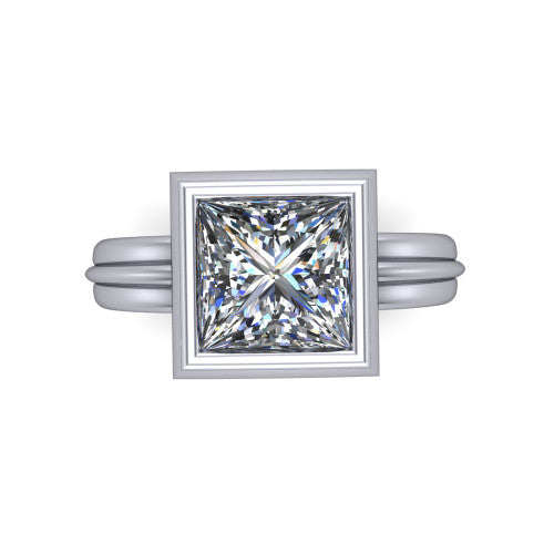 Kehlani princess-cut classic engagement ring in 14K White Gold, top-down view showing the princess-cut center diamond framed by the full bezel from above