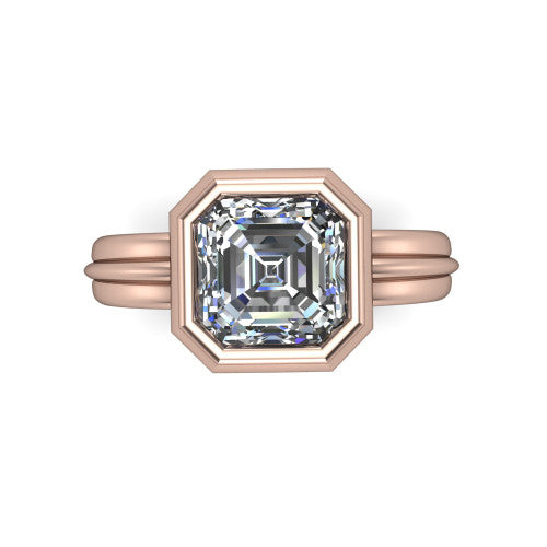 Kehlani square emerald-cut classic engagement ring in 14K Rose Gold, top-down view showing the square emerald-cut center diamond framed by the full bezel from above