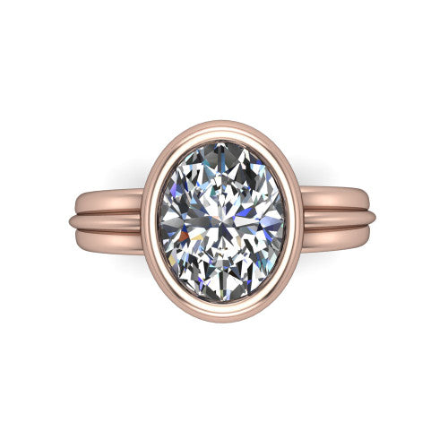 Kehlani oval classic engagement ring in 14K Rose Gold, top-down view showing the oval center diamond framed by the full bezel from above