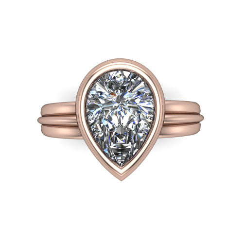 Kehlani pear classic engagement ring in 14K Rose Gold, top-down view showing the pear center diamond framed by the full bezel from above