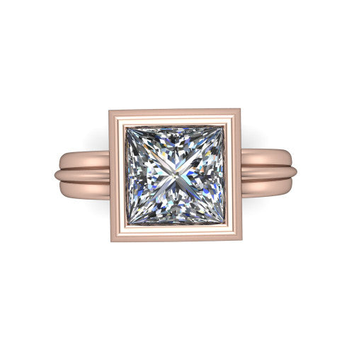 Kehlani princess-cut classic engagement ring in 18K Rose Gold, top-down view showing the princess-cut center diamond framed by the full bezel from above
