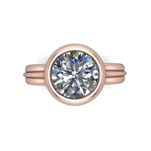 Kehlani round classic engagement ring in 18K Rose Gold, top-down view showing the round center diamond framed by the full bezel from above