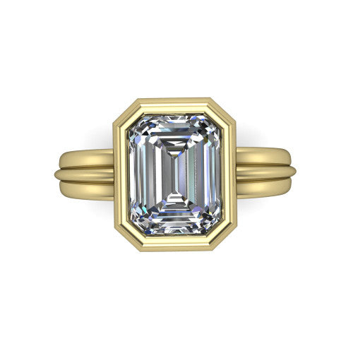 Kehlani emerald-cut classic engagement ring in 18K Yellow Gold, top-down view showing the emerald-cut center diamond framed by the full bezel from above