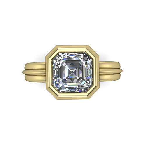 Kehlani square emerald-cut classic engagement ring in 14K Yellow Gold, top-down view showing the square emerald-cut center diamond framed by the full bezel from above