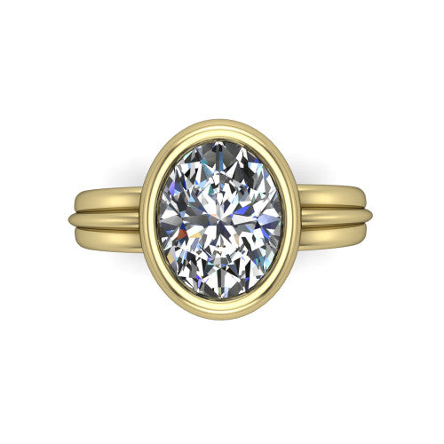 Kehlani oval classic engagement ring in 14K Yellow Gold, top-down view showing the oval center diamond framed by the full bezel from above