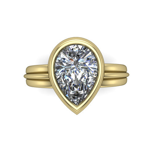 Kehlani pear classic engagement ring in 18K Yellow Gold, top-down view showing the pear center diamond framed by the full bezel from above