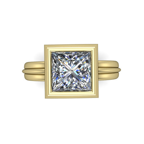 Kehlani princess-cut classic engagement ring in 14K Yellow Gold, top-down view showing the princess-cut center diamond framed by the full bezel from above