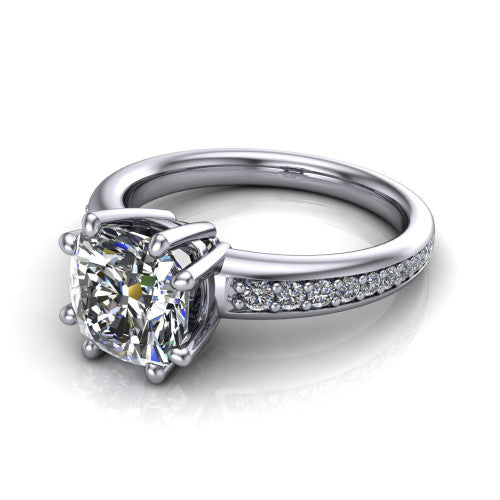 Kris cushion classic engagement ring in 18K White Gold, three-quarter perspective showing the cushion center diamond in a double-claw head above a pave band