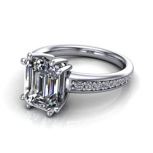 Kris emerald-cut classic engagement ring in Platinum, three-quarter perspective showing the emerald-cut center diamond in a double-claw head above a pave band