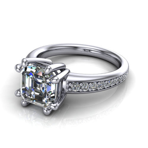 Kris square emerald-cut classic engagement ring in Platinum, three-quarter perspective showing the square emerald-cut center diamond in a double-claw head above a pave band