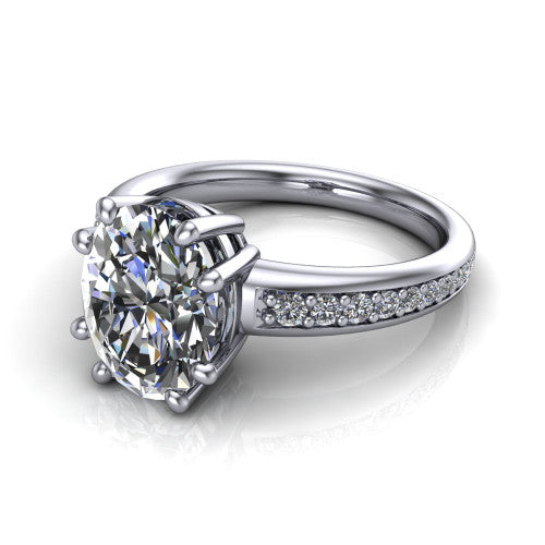 Kris oval classic engagement ring in 18K White Gold, three-quarter perspective showing the oval center diamond in a double-claw head above a pave band