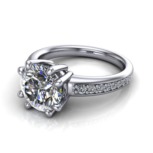 Kris round classic engagement ring in 14K White Gold, three-quarter perspective showing the round center diamond in a double-claw head above a pave band