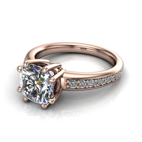 Kris cushion classic engagement ring in 14K Rose Gold, three-quarter perspective showing the cushion center diamond in a double-claw head above a pave band