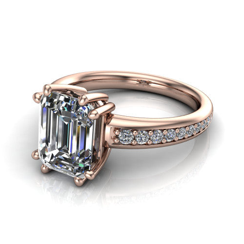 Kris emerald-cut classic engagement ring in 14K Rose Gold, three-quarter perspective showing the emerald-cut center diamond in a double-claw head above a pave band