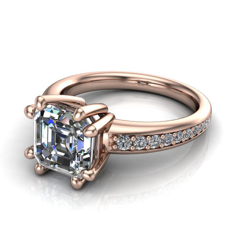 Kris square emerald-cut classic engagement ring in 18K Rose Gold, three-quarter perspective showing the square emerald-cut center diamond in a double-claw head above a pave band