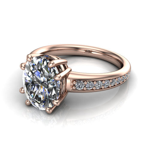 Kris oval classic engagement ring in 18K Rose Gold, three-quarter perspective showing the oval center diamond in a double-claw head above a pave band