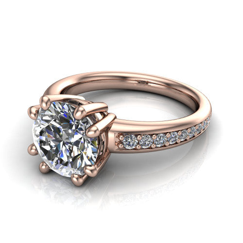 Kris round classic engagement ring in 14K Rose Gold, three-quarter perspective showing the round center diamond in a double-claw head above a pave band