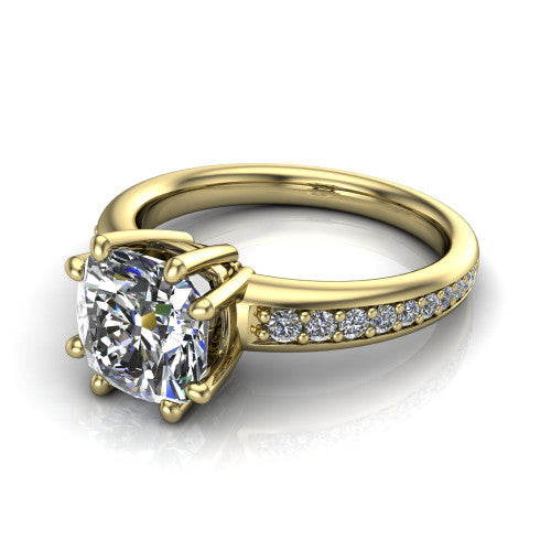 Kris cushion classic engagement ring in 14K Yellow Gold, three-quarter perspective showing the cushion center diamond in a double-claw head above a pave band