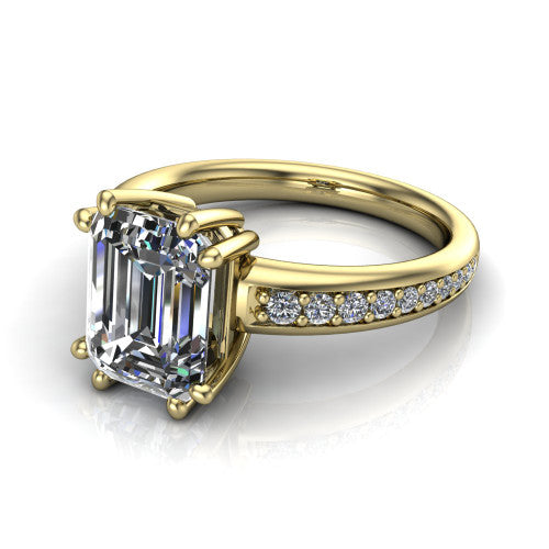 Kris emerald-cut classic engagement ring in 14K Yellow Gold, three-quarter perspective showing the emerald-cut center diamond in a double-claw head above a pave band