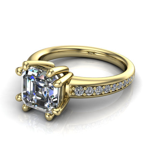 Kris square emerald-cut classic engagement ring in 18K Yellow Gold, three-quarter perspective showing the square emerald-cut center diamond in a double-claw head above a pave band