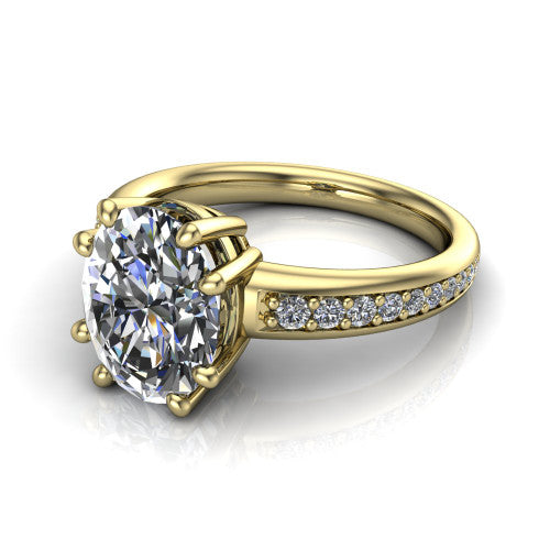 Kris oval classic engagement ring in 18K Yellow Gold, three-quarter perspective showing the oval center diamond in a double-claw head above a pave band