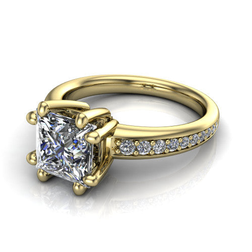Kris princess-cut classic engagement ring in 14K Yellow Gold, three-quarter perspective showing the princess-cut center diamond in a double-claw head above a pave band