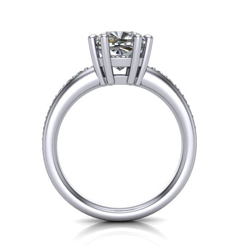 Kris cushion classic engagement ring in Platinum, through-finger front profile showing the double-claw head and pave band from the front
