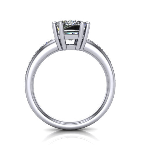 Kris emerald-cut classic engagement ring in 14K White Gold, through-finger front profile showing the double-claw head and pave band from the front