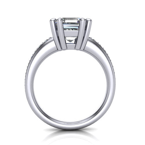 Kris square emerald-cut classic engagement ring in Platinum, through-finger front profile showing the double-claw head and pave band from the front