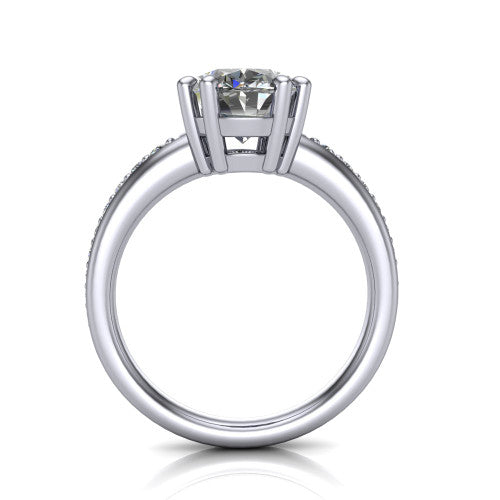 Kris oval classic engagement ring in 18K White Gold, through-finger front profile showing the double-claw head and pave band from the front