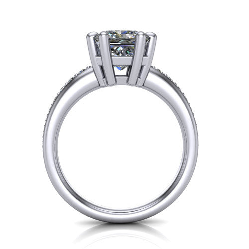 Kris princess-cut classic engagement ring in 14K White Gold, through-finger front profile showing the double-claw head and pave band from the front