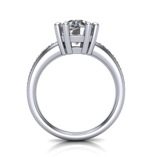 Kris round classic engagement ring in 14K White Gold, through-finger front profile showing the double-claw head and pave band from the front