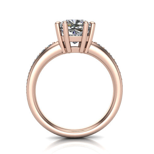 Kris cushion classic engagement ring in 14K Rose Gold, through-finger front profile showing the double-claw head and pave band from the front