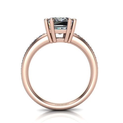 Kris emerald-cut classic engagement ring in 18K Rose Gold, through-finger front profile showing the double-claw head and pave band from the front