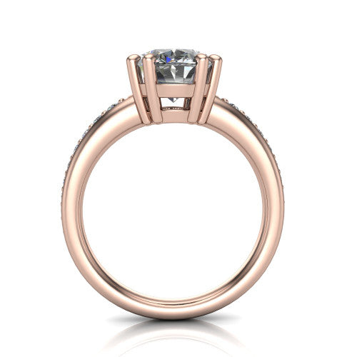 Kris oval classic engagement ring in 18K Rose Gold, through-finger front profile showing the double-claw head and pave band from the front