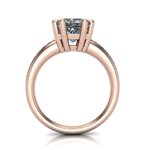 Kris princess-cut classic engagement ring in 14K Rose Gold, through-finger front profile showing the double-claw head and pave band from the front