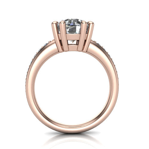 Kris round classic engagement ring in 14K Rose Gold, through-finger front profile showing the double-claw head and pave band from the front