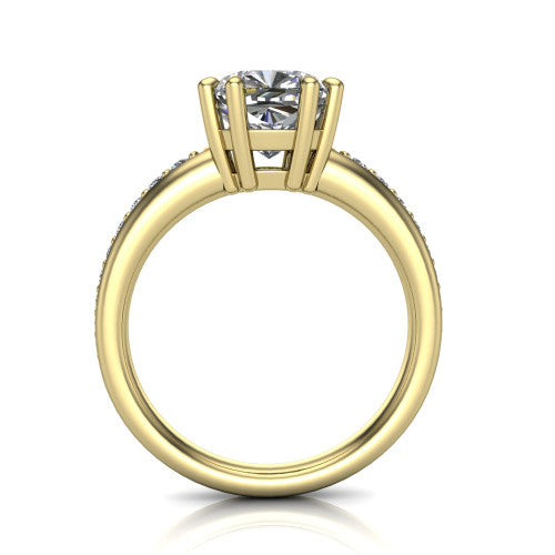 Kris cushion classic engagement ring in 18K Yellow Gold, through-finger front profile showing the double-claw head and pave band from the front