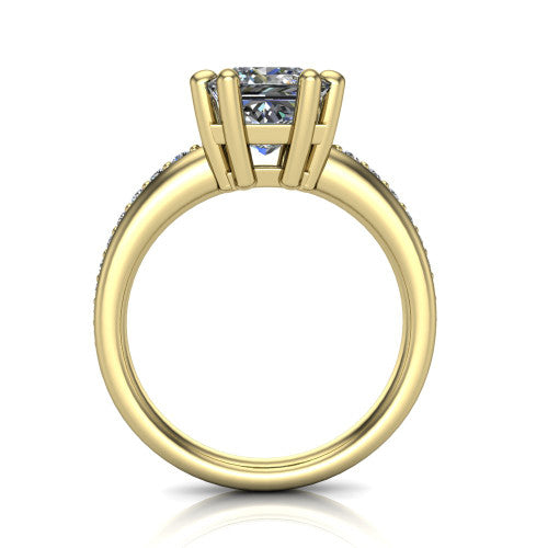 Kris princess-cut classic engagement ring in 14K Yellow Gold, through-finger front profile showing the double-claw head and pave band from the front