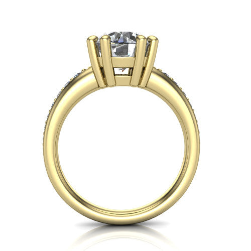 Kris round classic engagement ring in 14K Yellow Gold, through-finger front profile showing the double-claw head and pave band from the front