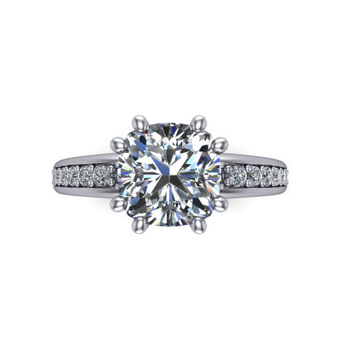 Kris cushion classic engagement ring in 18K White Gold, top-down view showing the cushion center diamond and paired prongs from above