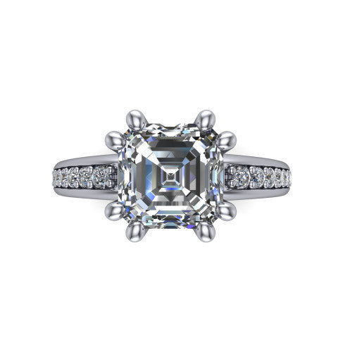 Kris square emerald-cut classic engagement ring in 18K White Gold, top-down view showing the square emerald-cut center diamond and paired prongs from above