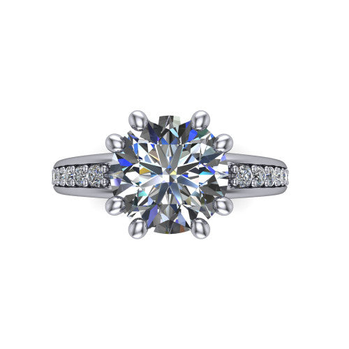 Kris round classic engagement ring in Platinum, top-down view showing the round center diamond and paired prongs from above