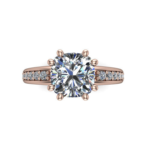 Kris cushion classic engagement ring in 14K Rose Gold, top-down view showing the cushion center diamond and paired prongs from above
