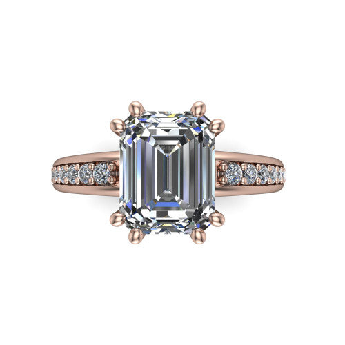 Kris emerald-cut classic engagement ring in 18K Rose Gold, top-down view showing the emerald-cut center diamond and paired prongs from above