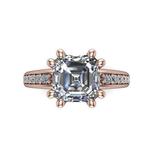Kris square emerald-cut classic engagement ring in 18K Rose Gold, top-down view showing the square emerald-cut center diamond and paired prongs from above
