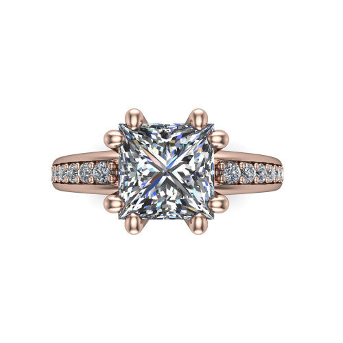 Kris princess-cut classic engagement ring in 14K Rose Gold, top-down view showing the princess-cut center diamond and paired prongs from above