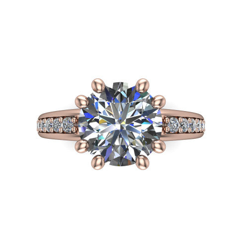 Kris round classic engagement ring in 14K Rose Gold, top-down view showing the round center diamond and paired prongs from above