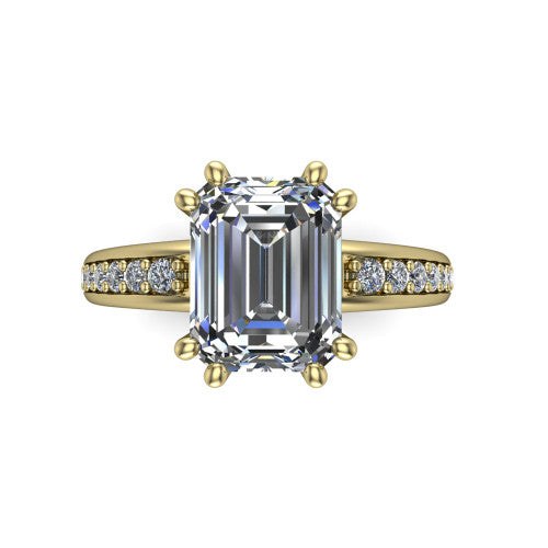 Kris emerald-cut classic engagement ring in 18K Yellow Gold, top-down view showing the emerald-cut center diamond and paired prongs from above