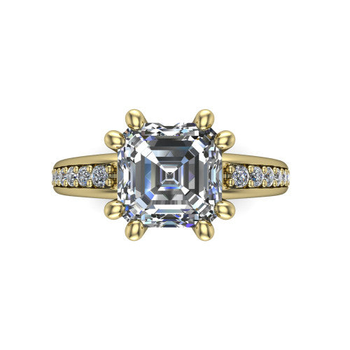 Kris square emerald-cut classic engagement ring in 18K Yellow Gold, top-down view showing the square emerald-cut center diamond and paired prongs from above